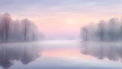 Fototapeta premium Serene pastel sunrise over a misty lake, reflected in the calm water, with bare trees silhouetted along the shore.