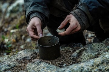 Dirty hands placing a coin in a rusted mug outdoors.