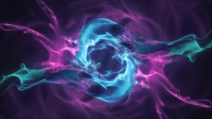 A mesmerizing swirl of purple and cyan smoke creates a dynamic and ethereal atmosphere, evoking feelings of depth and fluidity.