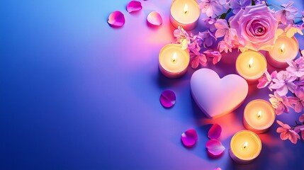 A heart-shaped rose bouquet on a vintage table, surrounded by soft glowing candles, ethereal atmosphere, watercolor style, pastel color palette