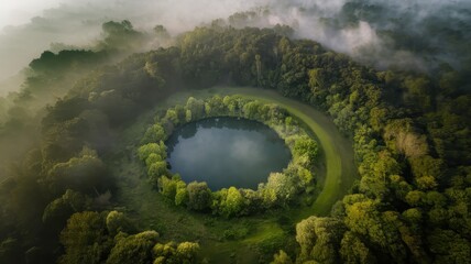 A breathtaking aerial view of a circular pond surrounded by lush greenery and mist, creating a serene and tranquil atmosphere.