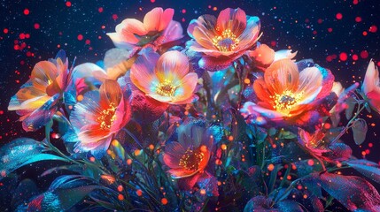 Obraz premium A futuristic bouquet of glowing holographic flowers, vibrant neon colors, surrounded by sparkling particles, cyberpunk style, digital illustration