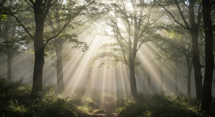 Sunlit Forest Path: Serene Morning Rays Illuminating Misty Woods