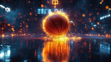 Flaming Basketball Sparks Cyberpunk Neon Lights Action Power Professional Court Reflection