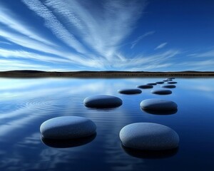 Serene landscape with stepping stones on calm water under a vibrant blue sky.