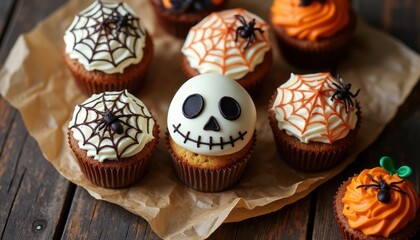 A delightful assortment of Halloween-themed cupcakes featuring intricate spider web designs and a charming skull centerpiece. The vibrant orange and black colors evoke a festive atmosphere, perfect