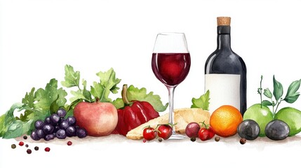 Colorful Wine and Fresh Produce Arrangement with Glass and Bottle
