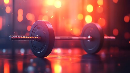 Weightlifting barbell rests on a shiny floor