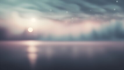 Obraz premium Abstract blurred background of a serene sunset over a calm body of water with soft bokeh lights.