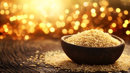 Golden Sesame Seeds in a Wooden Bowl on Wood