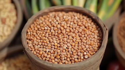 Fototapeta premium Brown seeds in a wooden bowl at a market
