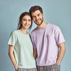 Obraz premium Happy Young Couple Smiling Together in Relaxed Casual Wear Against Blue Background
