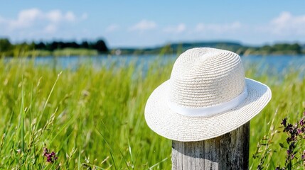 Summer hat on post by lake; sunny day, tranquil scene; ideal for travel brochures