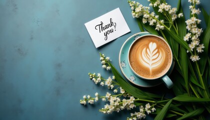 A beautifully arranged scene featuring a cup of coffee adorned with intricate latte art, accompanied by a heartfelt Thank you card and delicate white flowers. The soothing blue background enhances the
