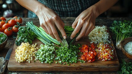 Womana??s hands slicing green onions on a wooden board, surrounded by fresh ingredients for a wholesome salad preparation scene