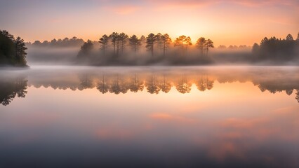 Fototapeta premium Serene sunrise over a misty lake, with silhouetted trees reflecting perfectly in the calm water.