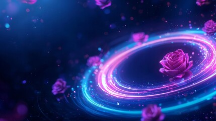 A romantic digital frame displaying personalized messages, surrounded by floating holographic roses, futuristic design, neon colors