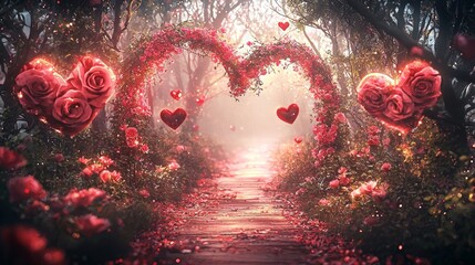 A romantic garden with red and pink roses, heart-shaped leaves on trees, magical lighting, fantasy vibe, watercolor art style