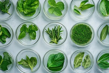 Obraz premium Fresh Mint Leaves in Petri Dishes, Ideal for Botanical or Science Stock Photos