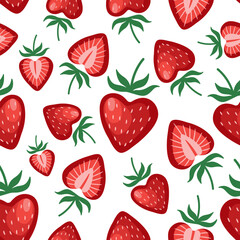 Seamless pattern with strawberry hearts on a white background. Bright red heart shaped strawberries background. Cute colorful vector pattern for a wrapping paper, textile print, wallpaper