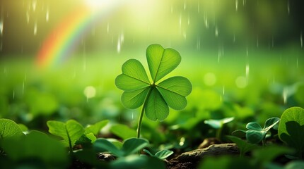 Closeup of clover on spring field in sunny rainy day with rainbow on blurred background. Four leaved shamrock. St Patrick Day holiday symbol. Template for design card, invitation, banner, poster