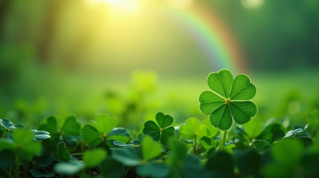 Closeup of clover on spring field in sunny rainy day with rainbow on blurred background. Four leaved shamrock. St Patrick Day holiday symbol. Template for design card, invitation, banner, poster