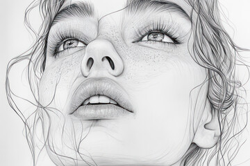 Obraz premium portrait of a girl, done in black and white lines. The face is depicted close-up, with pronounced eyes, nose and lips, as well as light freckles on her cheeks. 