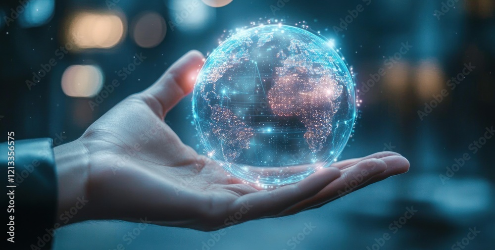 Aufkleber Futuristic Robot Hand Holding Digital Globe with AI Technology for Business Automation and Data Management
