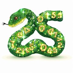 Naklejka premium A green snake made of gemstones with numbers on its body.