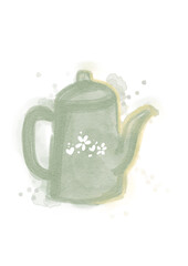 Cute sage green Teapot watercolor illustration on transparent background