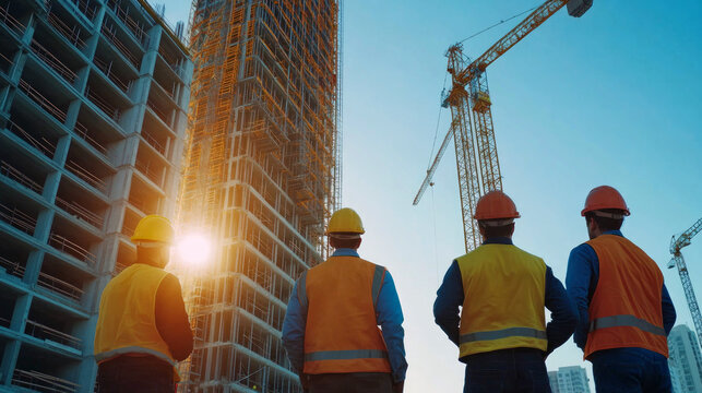Engineers and architects are discussing building progress at a construction site with cranes