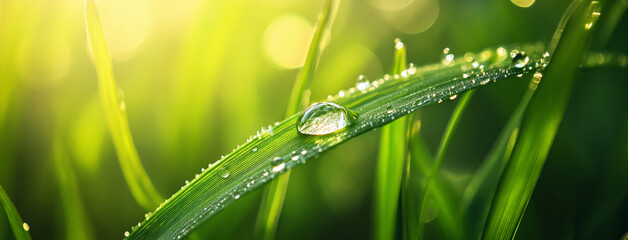 Naklejka premium Fresh grass with water drops reflecting sunlight