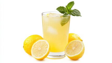 A refreshing glass of lemonade with slices of fresh lemon and sprigs of mint, Its vibrant yellow color and tangy aroma enticingly displayed