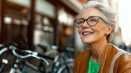 A senior woman with silver hair and glasses smiles gently while sitting outside in a bustling urban area. Bicycles are parked in the background, creating a lively atmosphere