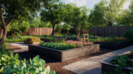 Obraz premium Raised beds growing vegetables in garden during summer