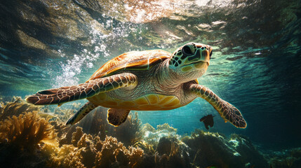 Fototapeta premium Sea turtle swimming over coral reef in clear blue water