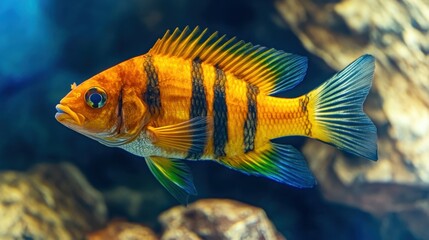 Obraz premium A stunning fish with vibrant orange and black stripes swims gracefully among rocky formations in a well-maintained aquarium filled with clear water and natural decorations