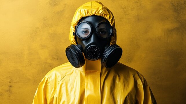 A person is dressed in a bright yellow protective suit and a gas mask, standing against a solid yellow background, emphasizing safety in hazardous conditions