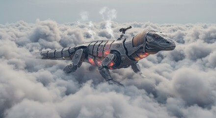Mechanical Lizard Soaring Above Clouds: A Steampunk Masterpiece