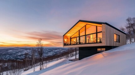 Obraz premium Luxurious Mountainside Chalet with Panoramic Sunset Views in Snowy Landscape
