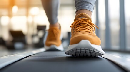 Fototapeta premium Unleashing Energy: A Close-Up View of Running Shoes on a Treadmill in a Motivating Gym Atmosphere. Low-Impact, High-Intensity Cardio Workout Concept