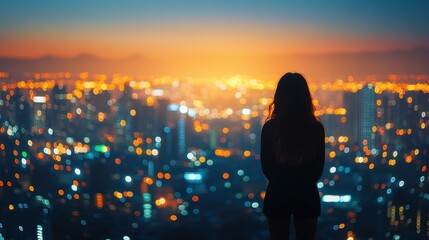 Fototapeta premium At dusk, a woman stands silhouetted against a breathtaking cityscape filled with twinkling lights, enjoying the serene beauty of the sunset