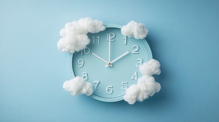 A light blue clock surrounded by fluffy white clouds