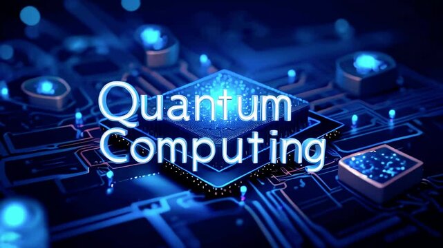 A visual representation of quantum computing with a glowing circuit board and text overlay.