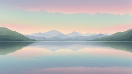 Fototapeta premium Serene pastel landscape illustration of a calm lake reflecting a mountain range under a soft, colorful sky.