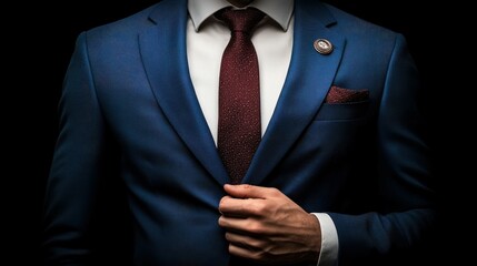 A well-dressed man in a blue suit enhances his appearance by adjusting his jacket while illuminated by soft lighting. The atmosphere is sophisticated and formal