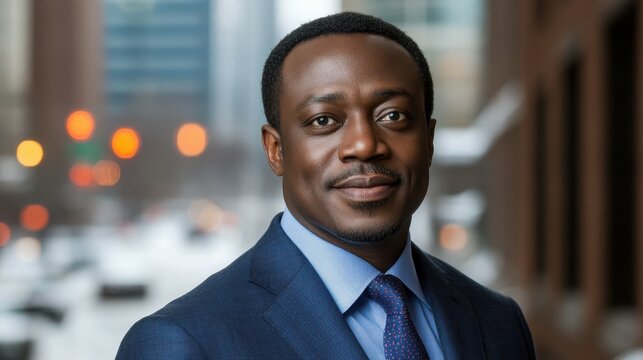 A man dressed in a blue suit stands confidently on a city street, surrounded by blurred lights and subtle winter scenery. His expression reflects enthusiasm and professionalism