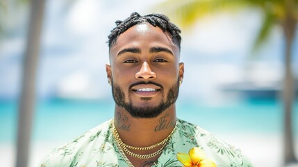 A man exudes confidence in a tropical setting, wearing a floral shirt. He stands in front of a serene beach, showcasing clear skies and swaying palm trees, embodying a relaxed vibe