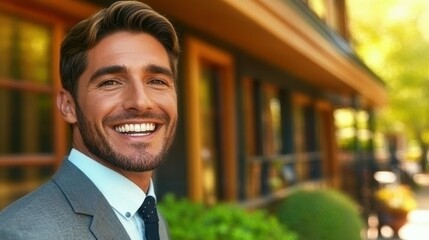 A confident man in a suit stands outside a contemporary building, smiling brightly in the warm sunlight. His demeanor reflects professionalism and happiness, ideal for networking