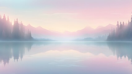 Fototapeta premium Serene pastel landscape illustration of a calm lake reflecting a misty mountain range and coniferous forest at sunrise or sunset.